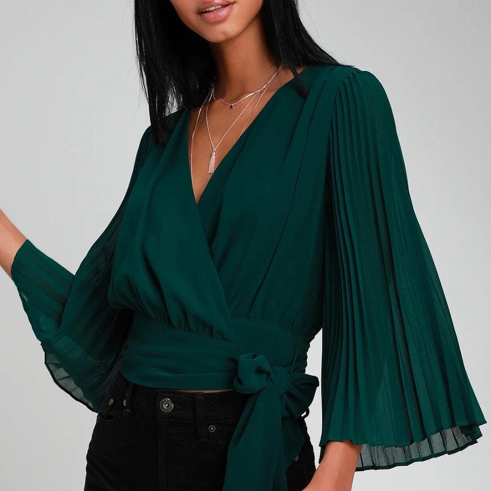 Pleats and Thank You Forest Green Pleated Wrap Top, Lulu's, Size S, Green